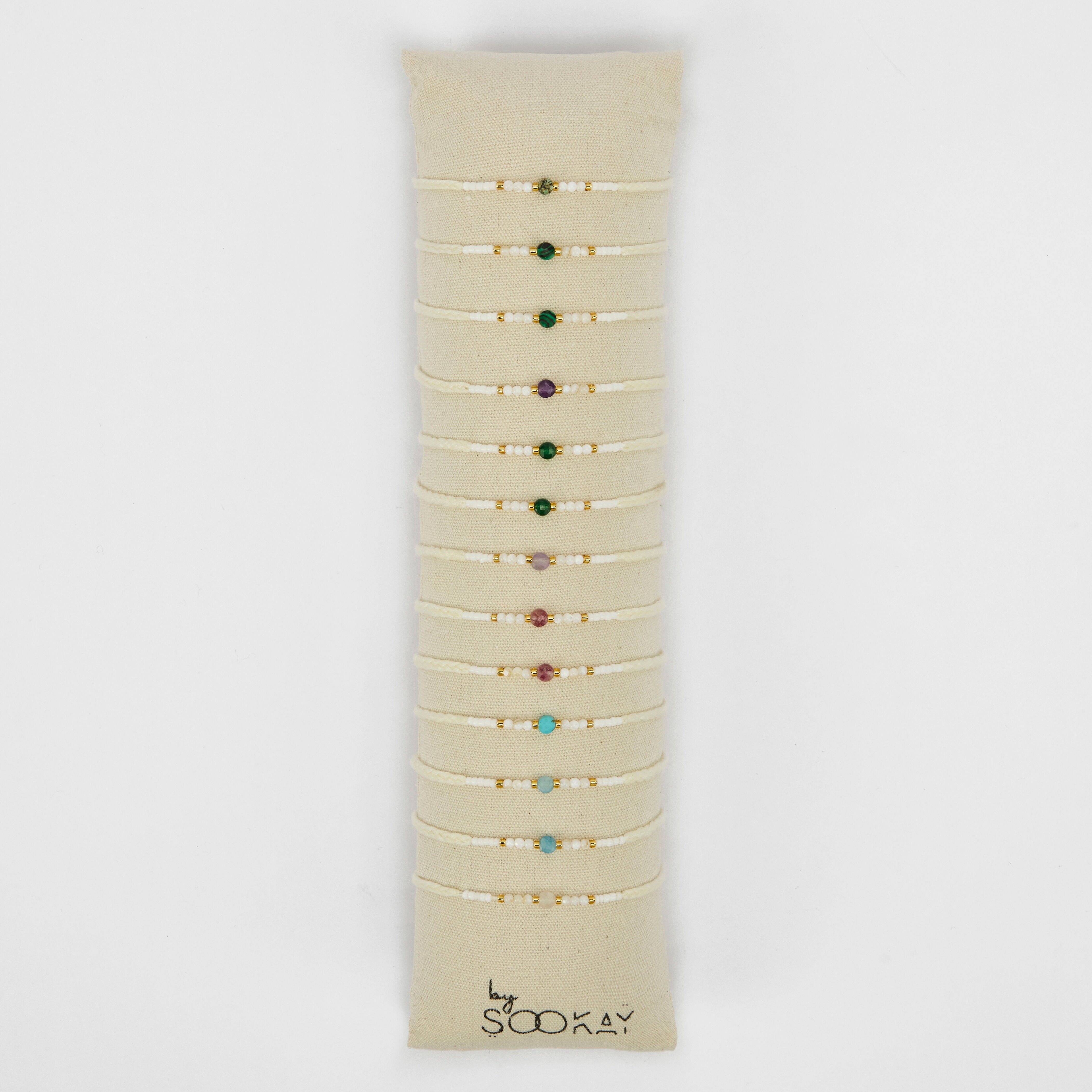 Bracciali in filo di cotone intrecciato con pietra piatta rotonda sfaccettata, palline di madreperla e perline giapponesi,