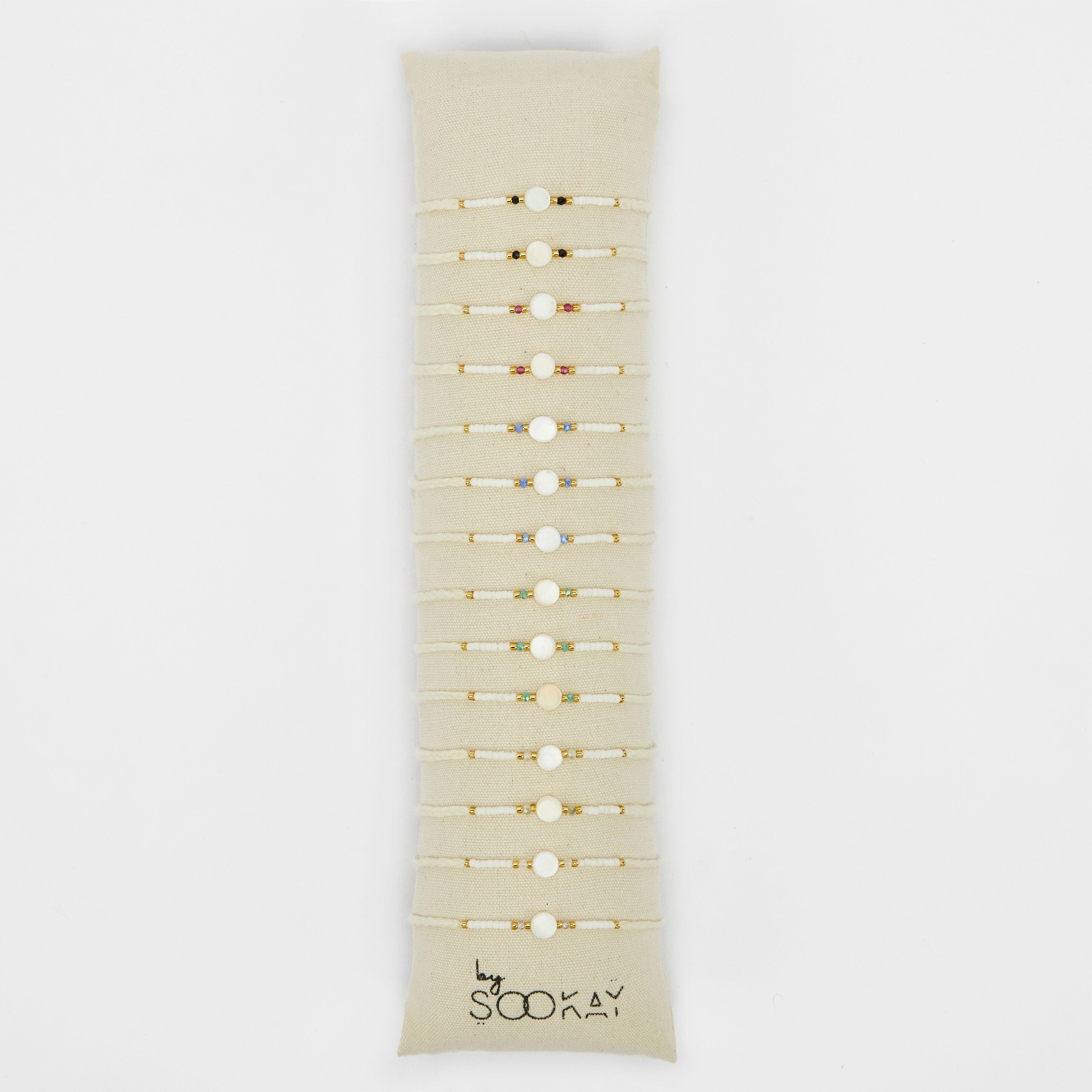 Braccialetti in filo di cotone intrecciato con madreperla rotonda autentica, perle di cristallo sfaccettate, perle giapponesi