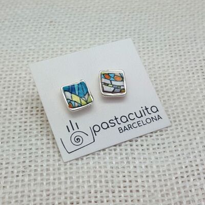 Modernist square button earrings.Catalan Trencadis