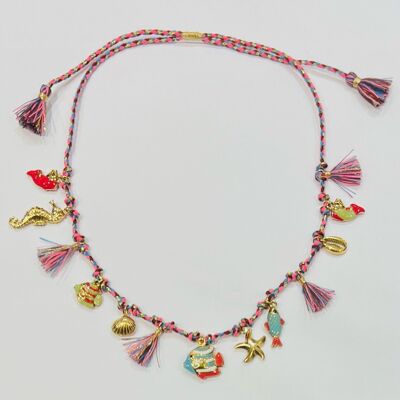 Steel necklace with pompoms, fish, star and shell charms