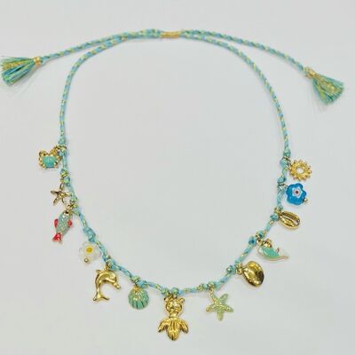 Collier acier cordon pompons breloques dauphin sirene