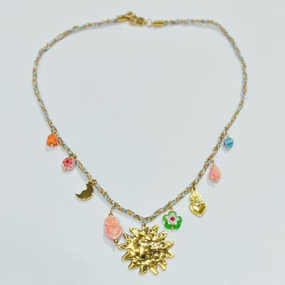 Stainless steel necklace with twisted cord and sun bead pendant