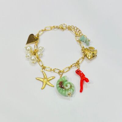 Steel bracelet with star, sea, and shell charms