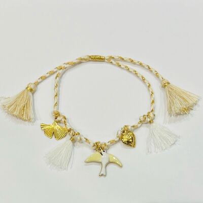 Bracciale in acciaio inossidabile con nappe, foglie, fiori, ciondoli a forma di uccello