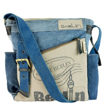 Bolso de hombro Sunsa. Bolso bandolera confeccionado en lona vaquera reciclada y piel. Bolso de hombro grande con diseño berlinés