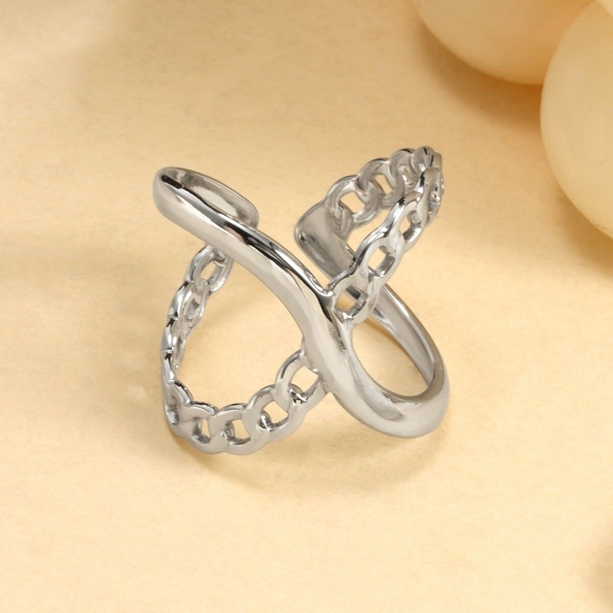 Anello regolabile in argento con catena e linea a croce