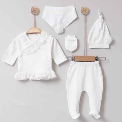 Ensemble élégant 5 pièces pour nouveau-né fille | Blanc | Bordure en dentelle