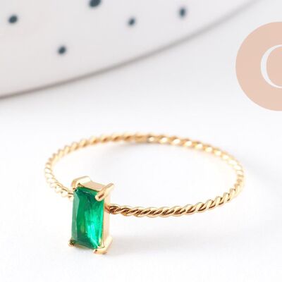 Anillo solitario de circonita rectangular en acero inoxidable 304 verde dorado, x1 (G10362)