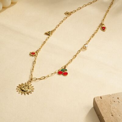 Cadena corporal con charms de sol y frutos rojos