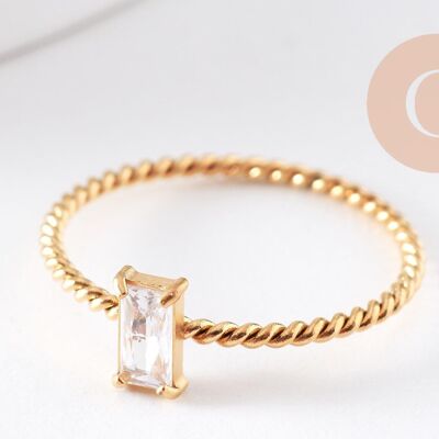 Anillo solitario de circonita rectangular en acero inoxidable 304 dorado, x1 (G10358)