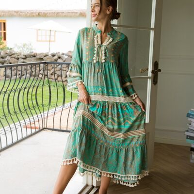 Long bohemian print dress with pompoms and lace