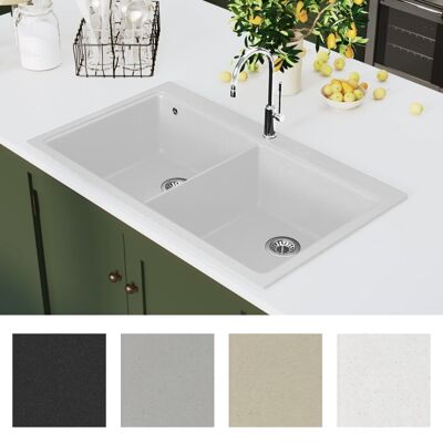 Plan de travail évier en granit double cuve blanc crème