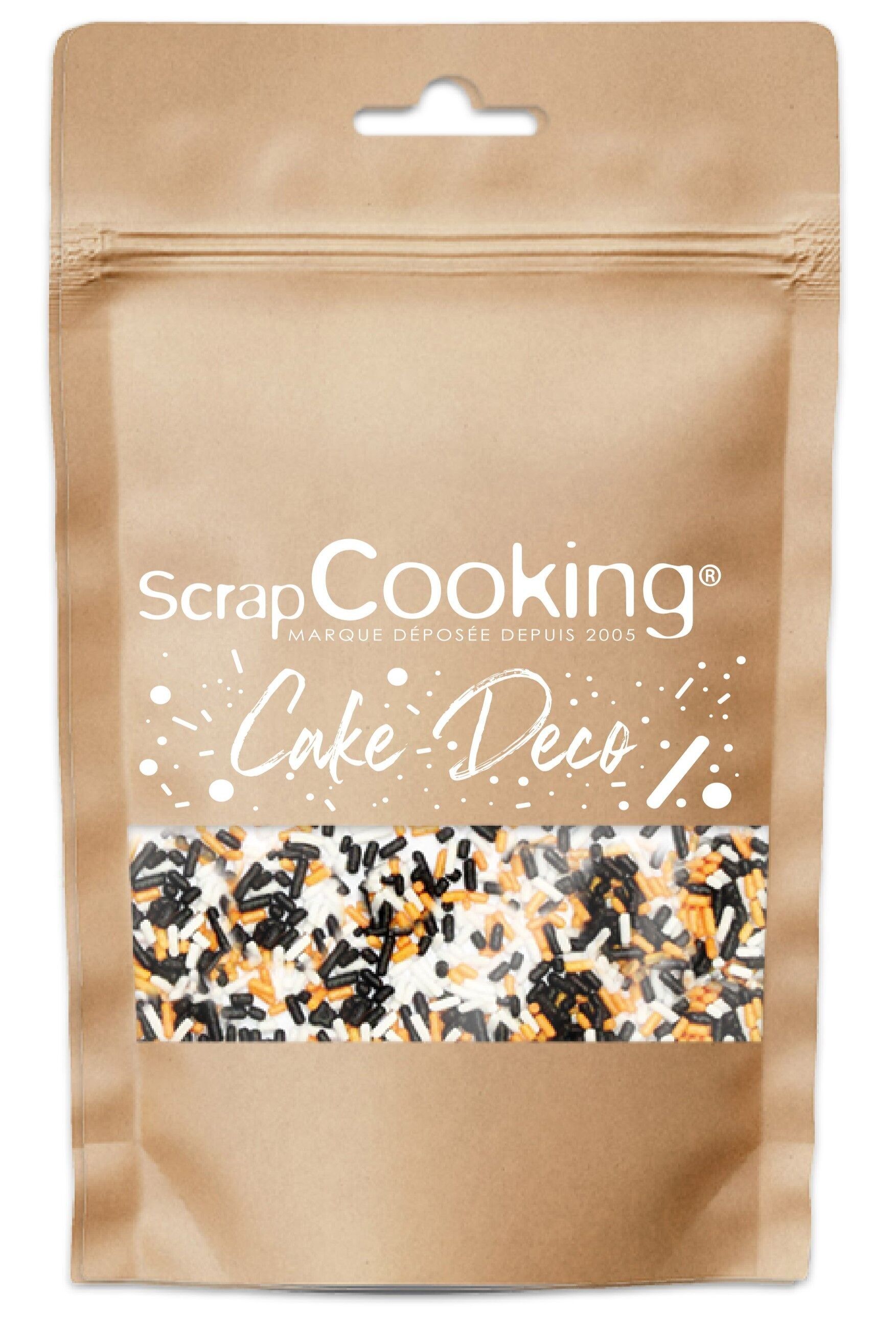 Barattolo di decorazioni dolci "vermicelli arancio/nero/bianco" 80g