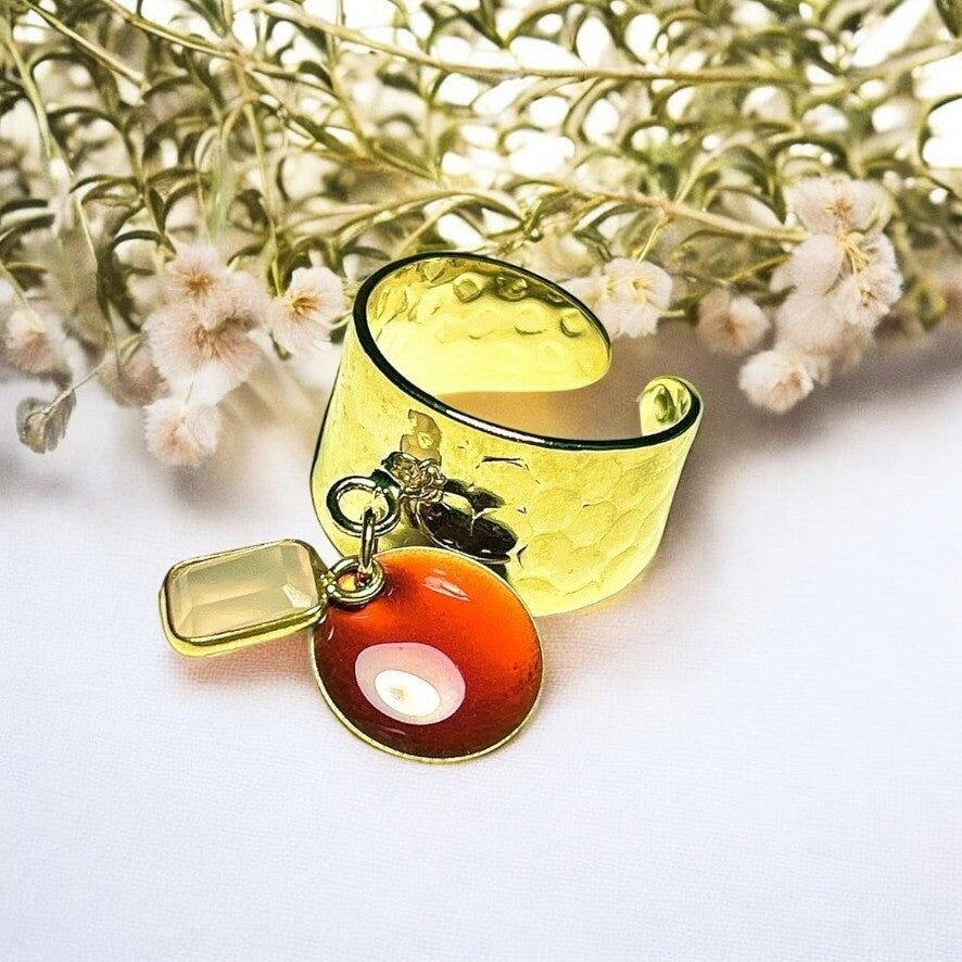 Anello "CELINE" in oro fino, pietra di quarzo rosa e paillettes smaltate