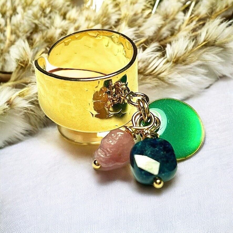 Anello "EVA" in oro fino, Apatite e Agata con paillettes smaltate