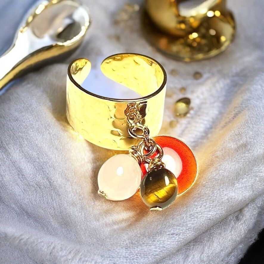 Anello "NOEMIE" placcato oro pregiato in Occhio di Tigre e Quarzo rosa con paillettes smaltate