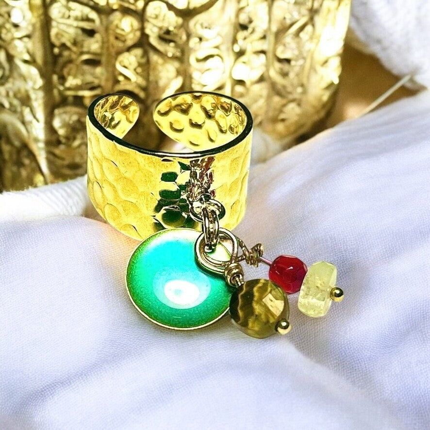 Anello "SALOME" in oro fino e dorato, Agata Pietra di Luna e Occhio di Tigre con paillettes smaltate