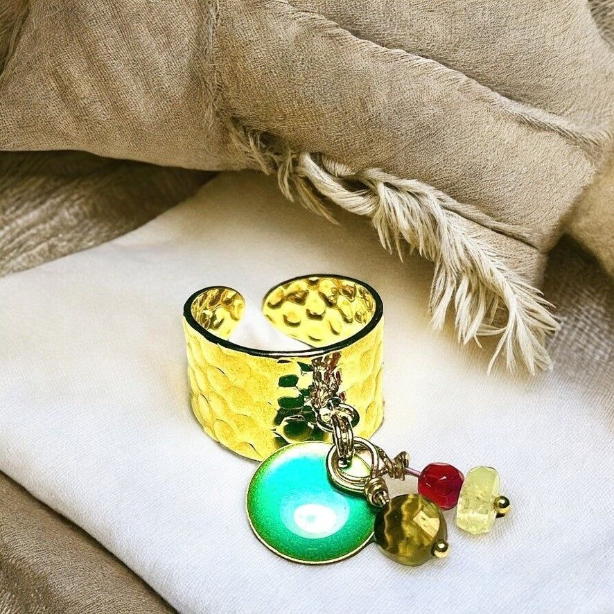 Anello "MIA" in oro fino, Agata Pietra di Luna Malachite e malachite con paillettes smaltate