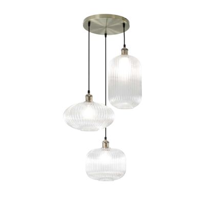 Lámpara colgante Chamix de 3 luces de vidrio acanalado de estilo retro