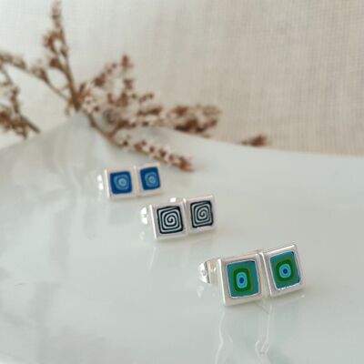 Small square earrings with polka dots, spirals and flowers
