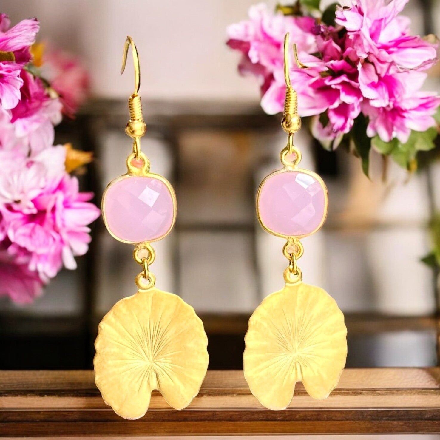 Orecchini "SOPHIA", oro fino, calcedonio rosa