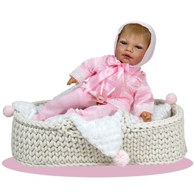 MUÑECA BEBITO TRAJE PUNTO ROSA MÁS COJÍN DE REGALO