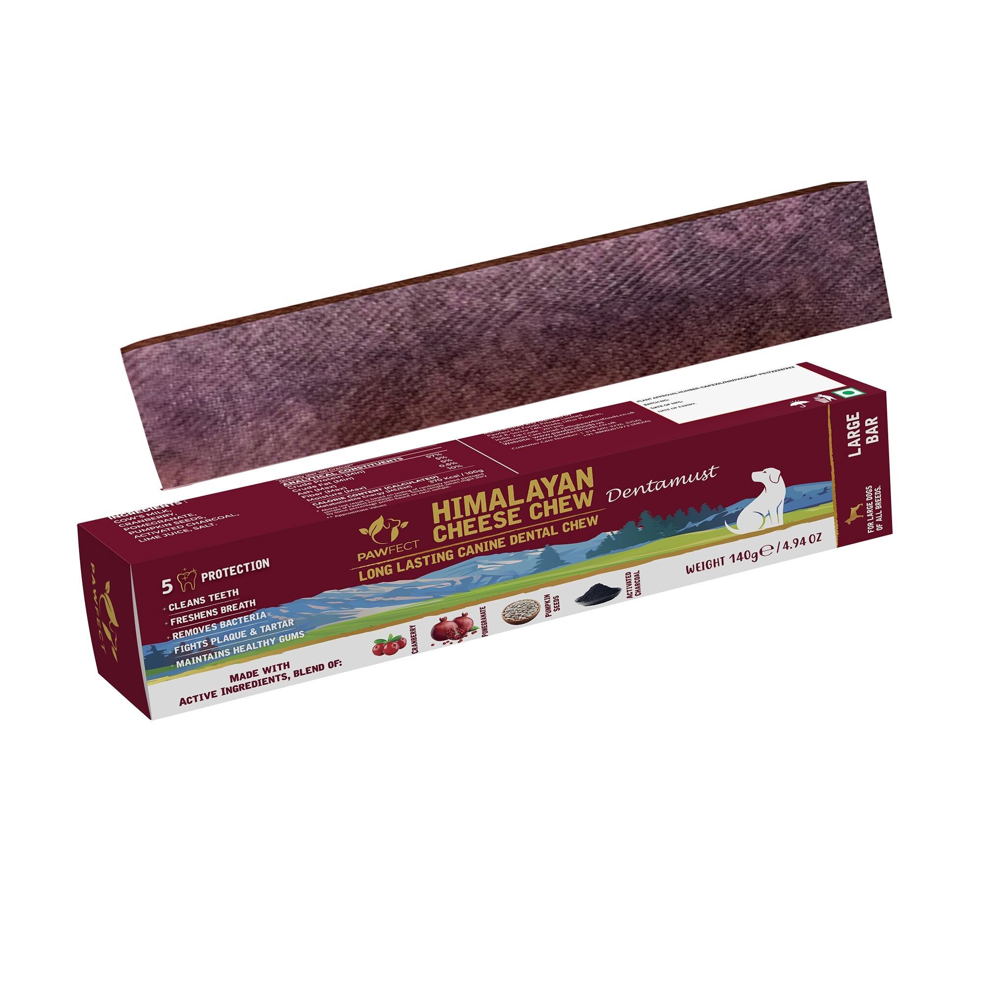 Pawfect Dentamust Himalayan Cheese Chew con mirtillo rosso e melograno per cani | Masticativi dentali a lunga durata con supercibi | Completamente naturali, ad alto contenuto proteico | Senza cereali | Confezione da 1 per cani di taglia grande (140 g/4.94 once)