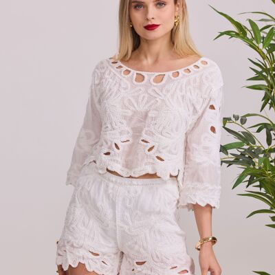 Crochet top with 3/4 sleeves and embellished details 2502-CROCHET