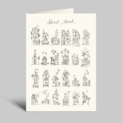 Christmas card | 24 cute little houses | Advent, Advent | black and white | Folding card with envelope