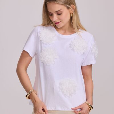 Camiseta de algodón con flores en relieve - 3071