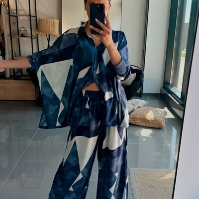 Ensemble Chemise & Pantalon Oversize – Imprimé Graphique Bleu