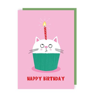 Paquete de 6 tarjetas de cumpleaños con cupcakes de gato