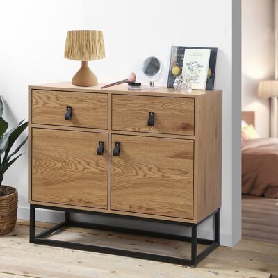 Chest of 2 doors 2 drawers Oak decor black metal base