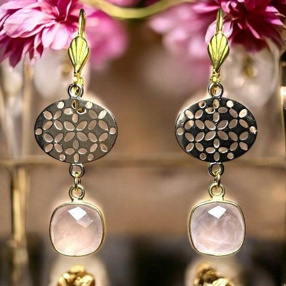 Orecchini "PIPER" in oro fino e Quarzo rosa