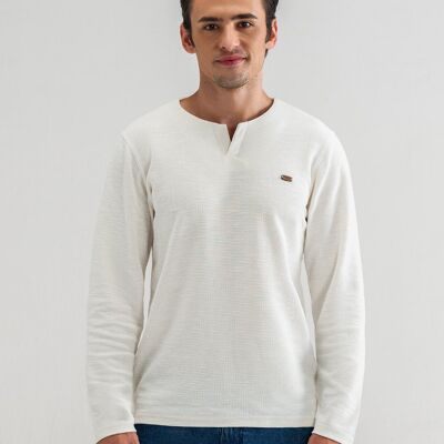 T-shirt ras du cou texturé à manches longues blanc cassé
