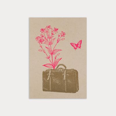 Carte postale / Valise avec fleur / Papier écologique