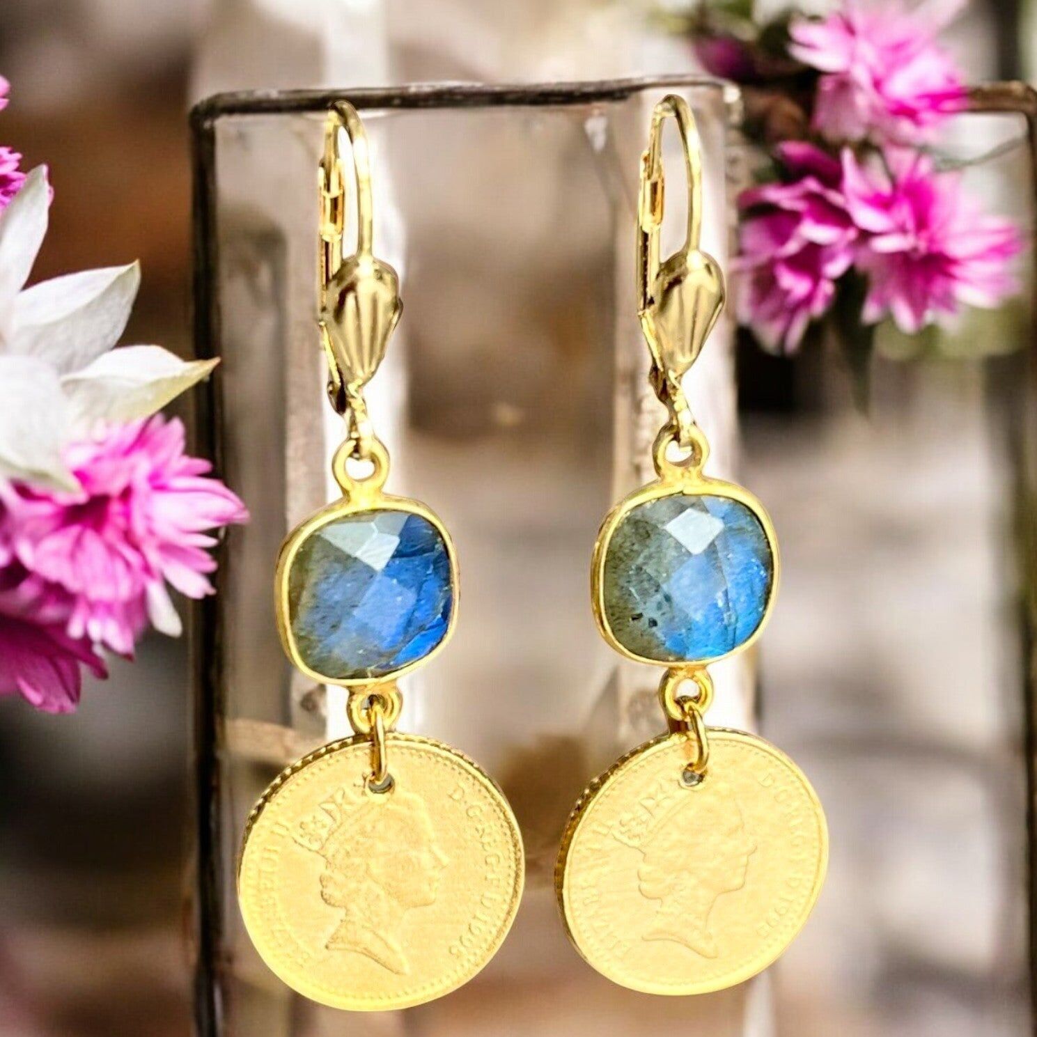 Orecchini "NOVA" in Labradorite d'oro fino placcato oro