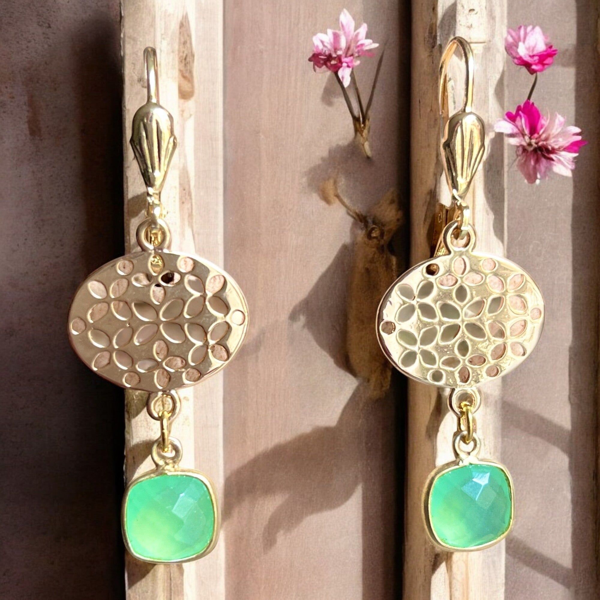 Orecchini "FLORIANA" placcati oro, Calcedonio in oro zecchino