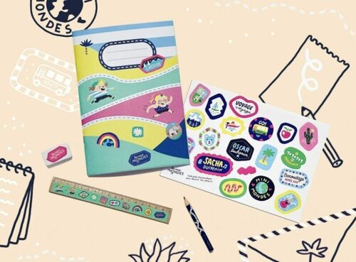 Kit de papeterie (crayon, cahier, gomme, règle et planche de stickers) - Les Mini Mondes