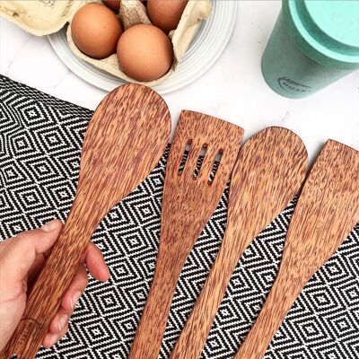 Huski Home Ustensiles de cuisine en bois de coco sculptés à la main - lot de 4