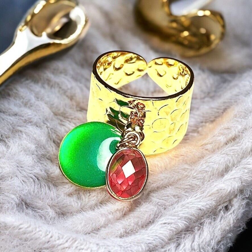 Anello "OPHELIE" placcato oro pregiato con pietra tormalina rosa e paillettes smaltate