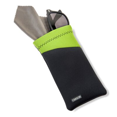 Custodia per occhiali, neoprene grigio e verde con panno in microfibra