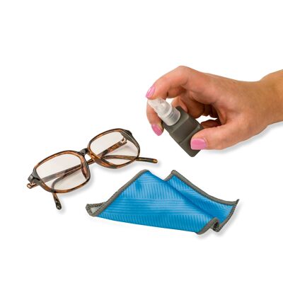 Kit di pulizia in microfibra, spray, panno e custodia; occhiali puliti