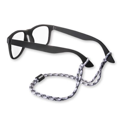 Retenedor para gafas de paracord, diseño de nailon trenzado blanco/gris