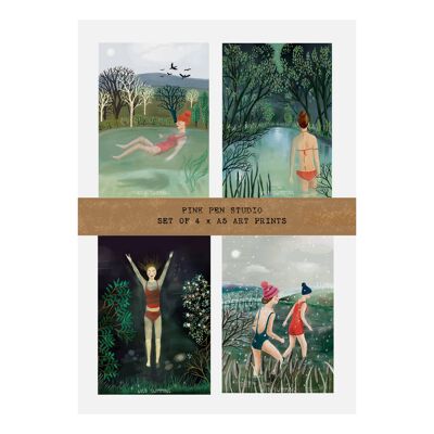 Set mit 4 x A5 Wild Swimming Prints