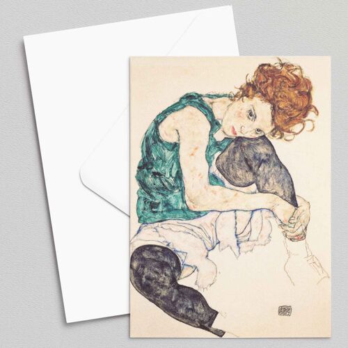 Seated Woman with Bent Knee - Egon Schiele - Greeting Card
