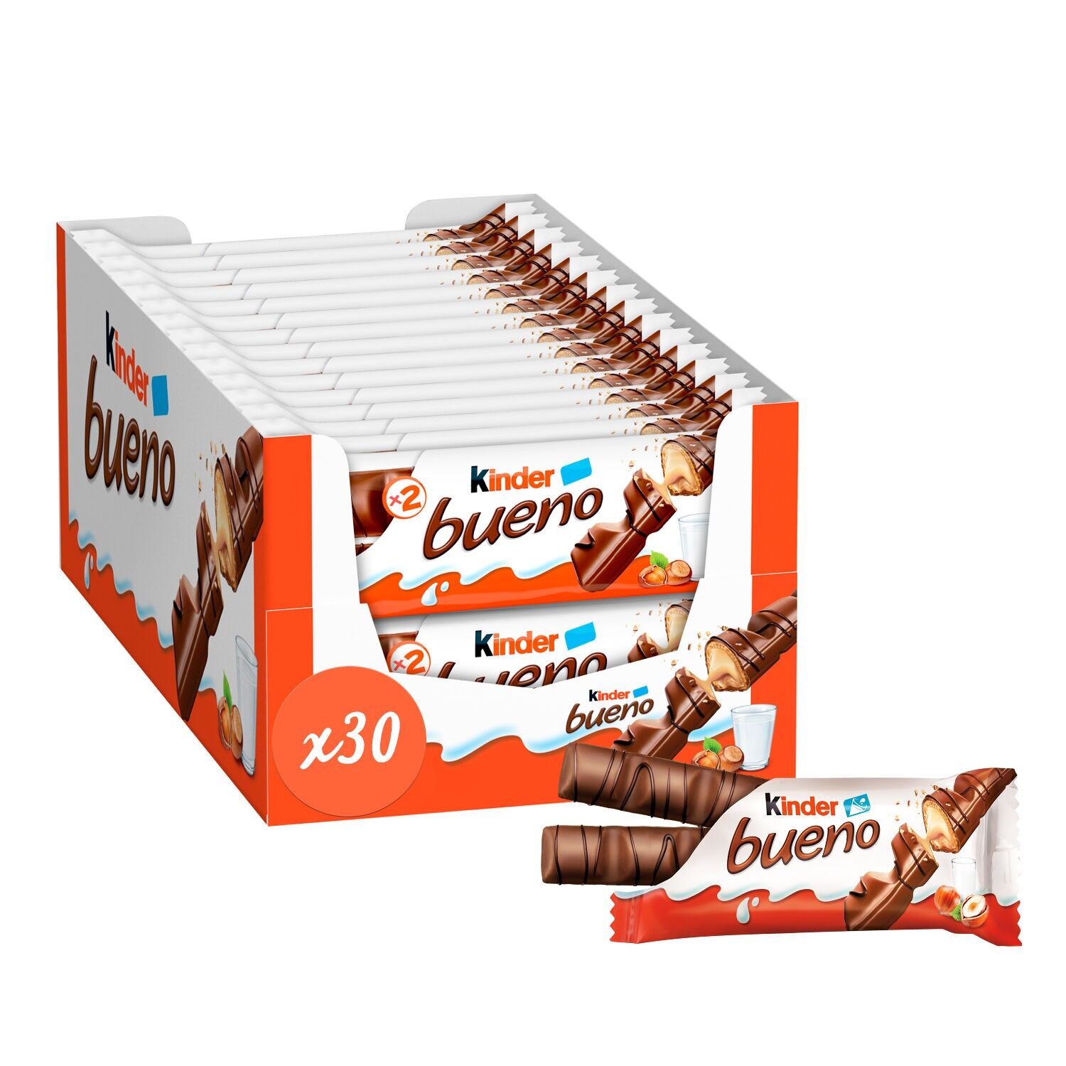 Chocolate Bar - Kinder Bueno - Thin Wafer Coated in Milk Chocolate with a Milk and Hazelnut Heart - Soft and Crispy Snack - Sharing Size - 30 x 2 Bars (43g)