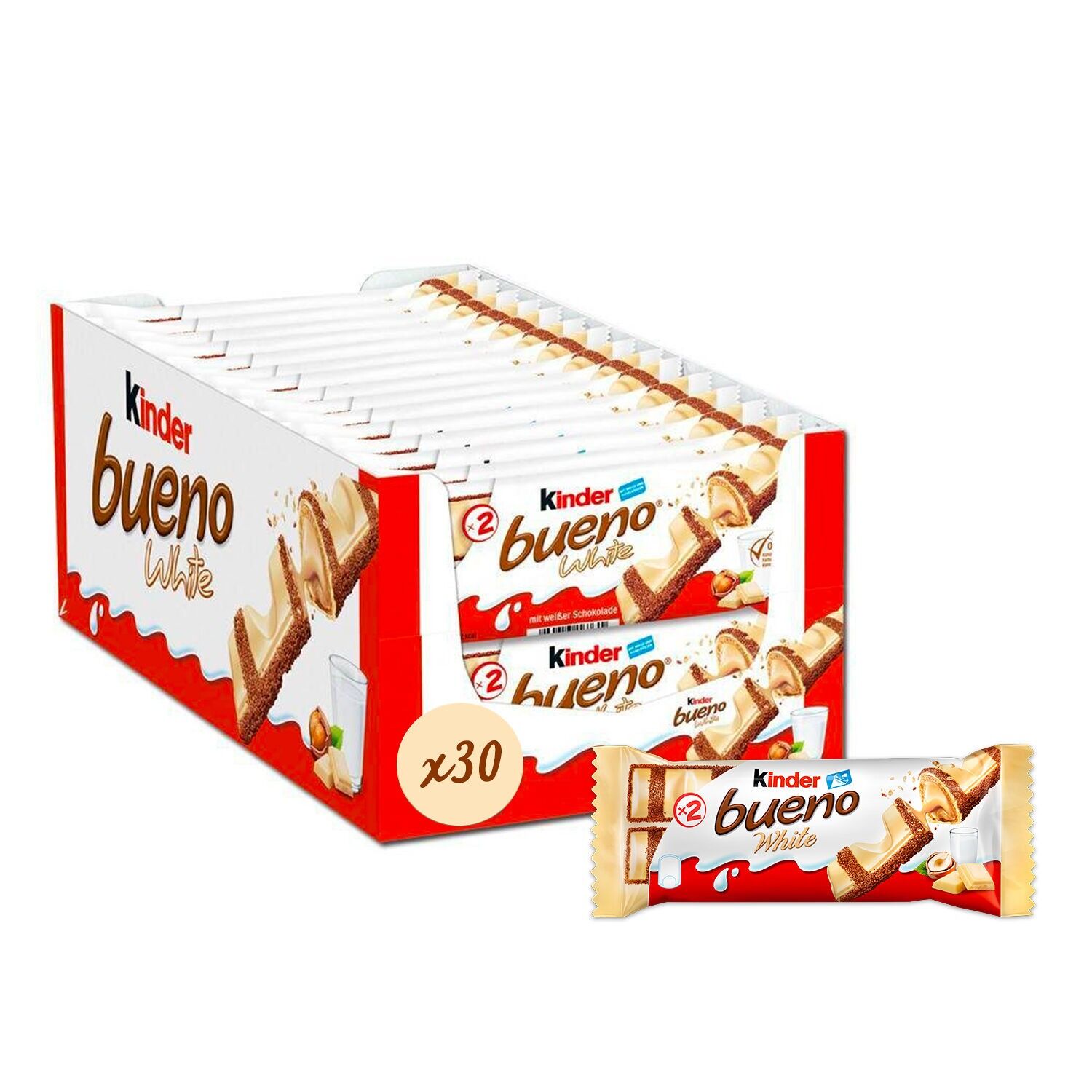 Chocolate Bar - Kinder Bueno White - Thin Wafer Coated in White Chocolate with a Milk Chocolate and Hazelnut Heart - Soft and Crispy Snack - Sharing Size - 30 x 2 Bars