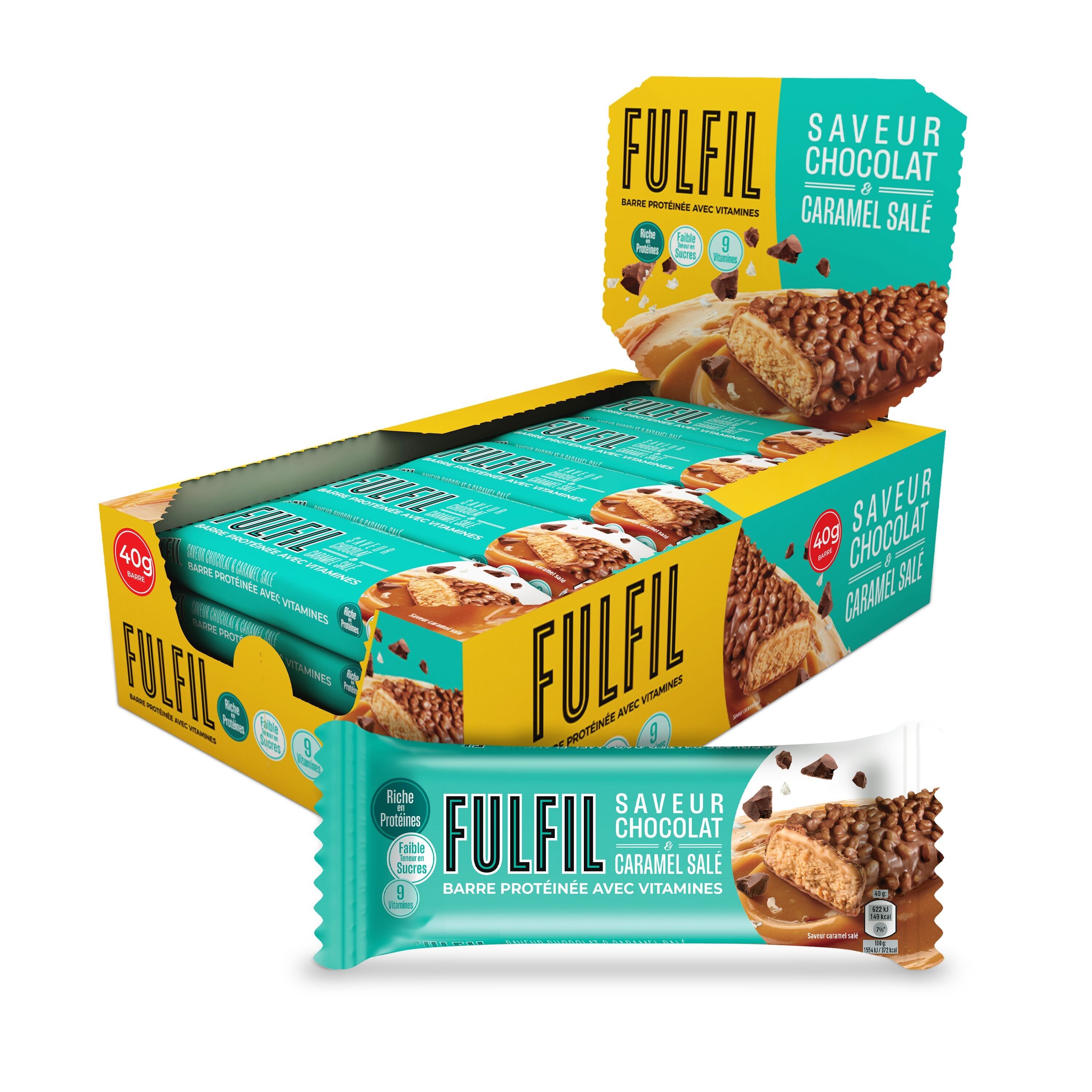 Protein Bar - FULFIL - Protein Bar with Vitamins - Chocolate & Salted Caramel flavor - Functional and delicious bar - Easy to take away - 15 bars of 40g