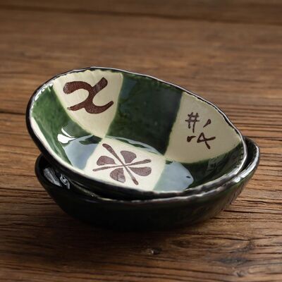 Cuenco ovalado de cerámica Seto-yaki con esmalte verde retro